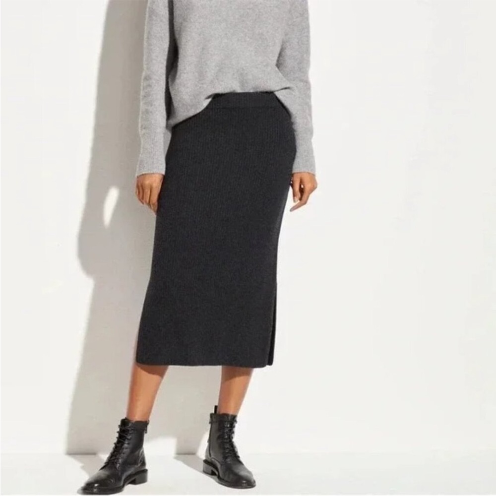 Vince Charcoal Pencil Skirt Sweater Ribbed Midi Wool Cashmere XL Pull On